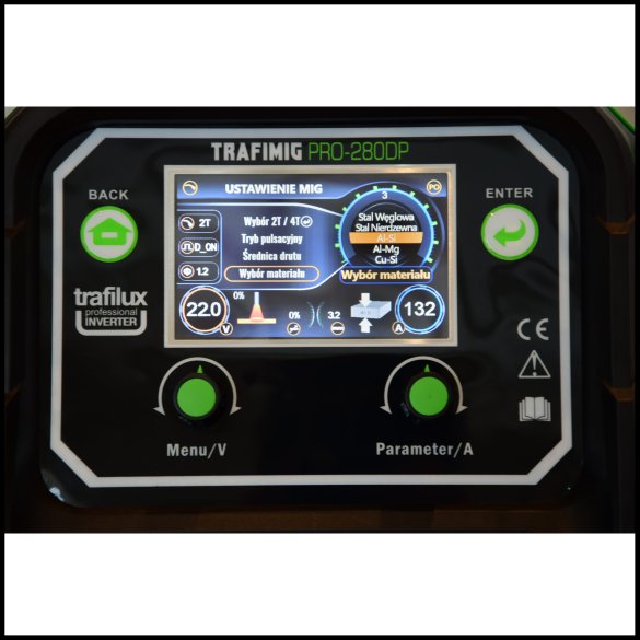 Spawarka Trafimig 280 Pro Dual Puls Synergia LCD lutospawanie panel sterowania