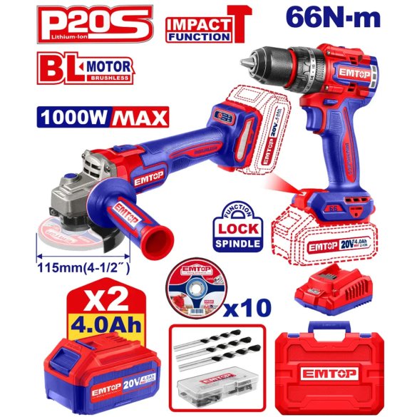 Zestaw narzędzi akumulatorowych, wiertarka + szlifierka + 2x bateria