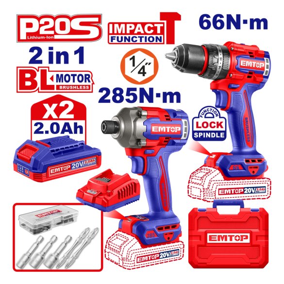 Zestaw narzędzi akumulatorowych, wiertarka + zakrętarka + 2x bateria
